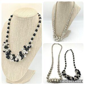 Vintage 80s Silver & Black Bead Cluster Statement Necklaces Marked Korea Costume